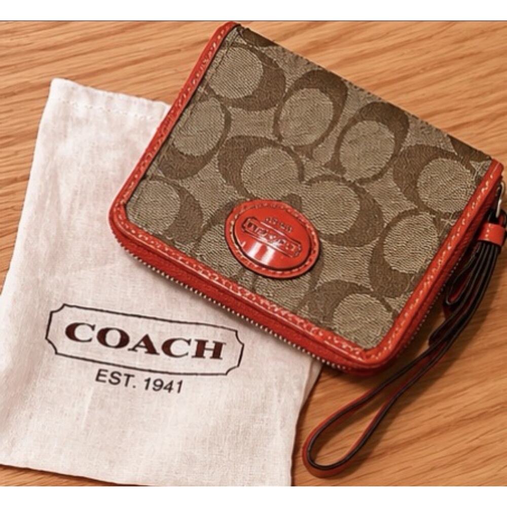 Coach F47341 Signature Zip Around Wallet Wristlet Khaki Persimmon NWT